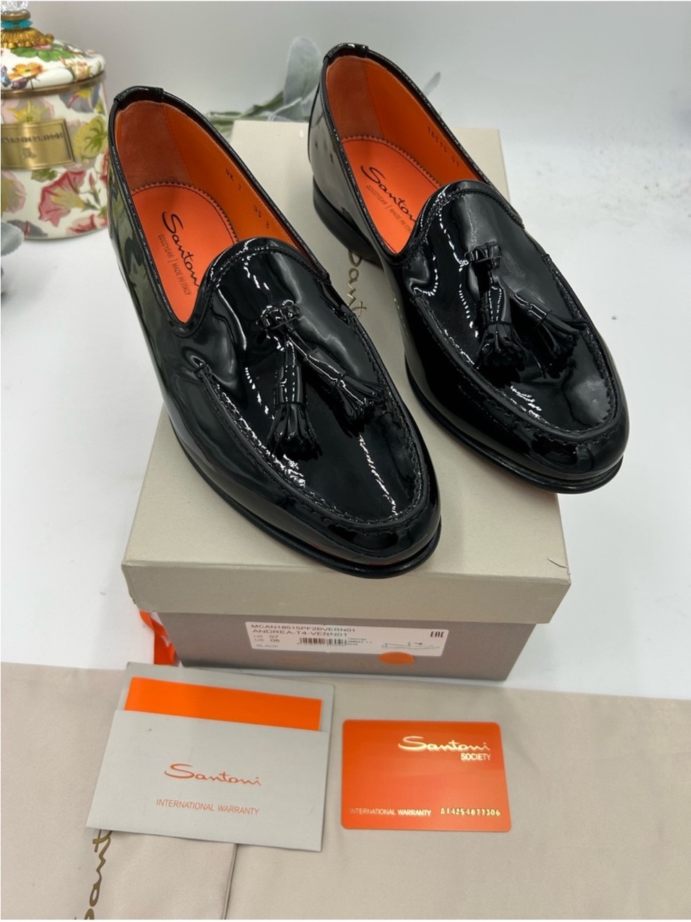 Men’s Santoni black patent leather tassel loafers size 8US made in Italy NWT